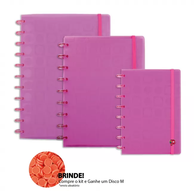 Kit Caderno Grande + Médio + A5 Bubble Neon Rosa